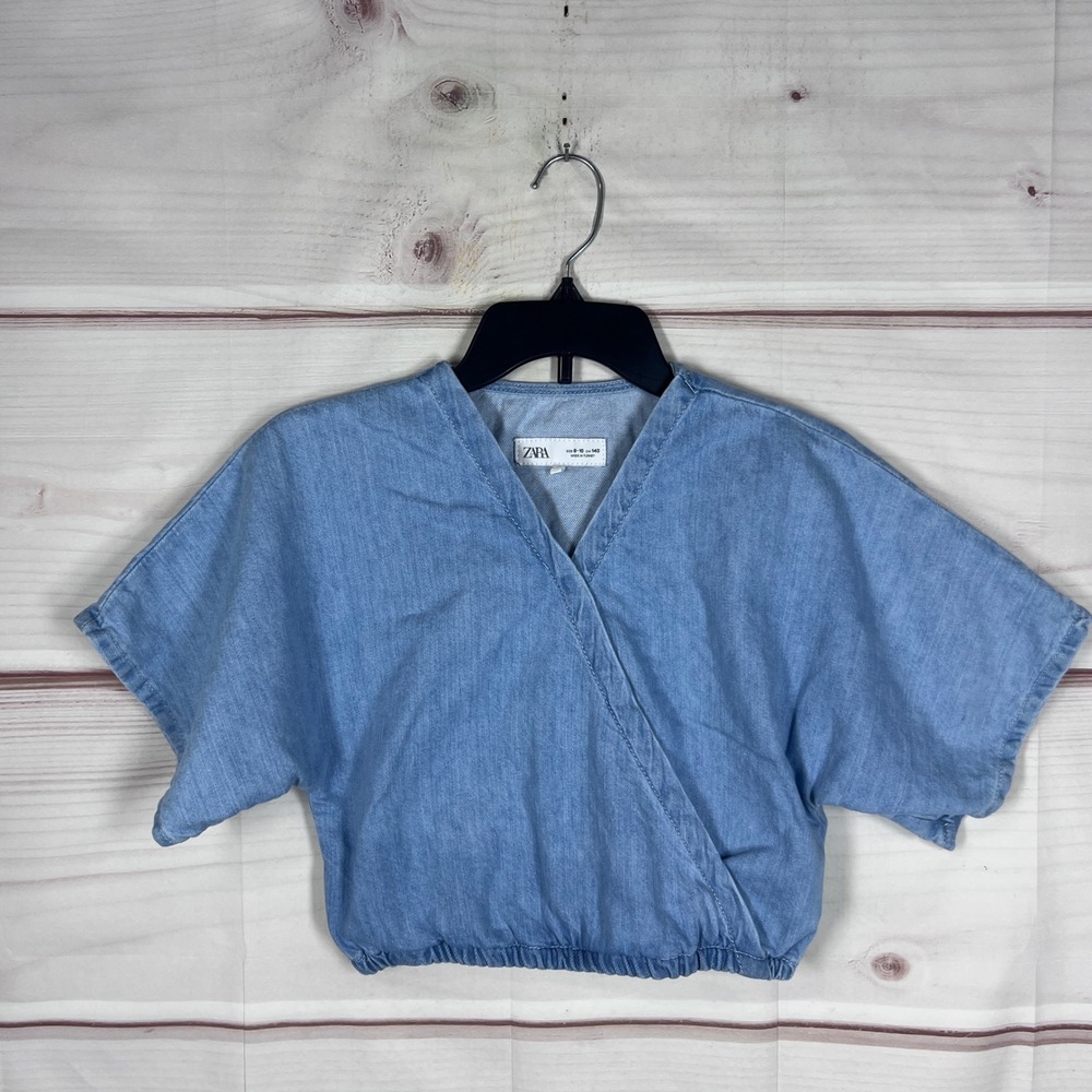 Zara Top Girls 9 10 Blue Denim Wrap Kimono Sleeve Faux Wrap Elastic Hem Cotton